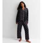 Petite Black Satin Trousers Pyjama Set with Script Print