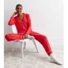 Red Trouser Pyjama Set with Christmas Tree Print