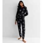 Black Pyjama Set with Animal Print Heart Pattern 