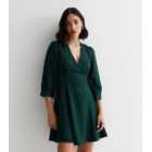 Dark Green Spot Satin Jacquard V Neck Mini Dress