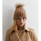 Camel Knit Faux Fur Pom Pom Bobble Hat