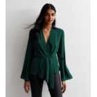 Dark Green Wrap Front Collared Blouse