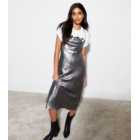 Silver Metallic Foil Cross Back Slip Midaxi Dress