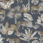 Grandeco Navy Leopard Jungle Palm Linen Textured Wallpaper