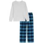 M&S Waffle and Woven Check PJ, 7-12 Years, Navy
