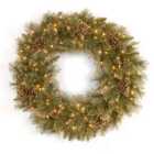 24" Glittery Gold Wreath 50 Warm White LED Lights B/O w/ Timer & 4 Big Gold Glittered Cones