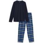 M&S Mens Brushed Cotton Checked Pyjama Set, S-XL, Navy