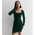 Dark Green Ribbed Ruched Front Bodycon Mini Dress