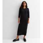 Petite Black Ribbed Jersey 3/4 Sleeve Midaxi Dress