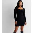 Petite Black Ribbed Ruched Front Bodycon Mini Dress