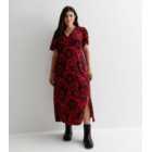 Curves Red Floral Satin Lace Trim Midaxi Dress