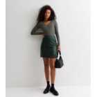 Tall Dark Green Leather-Look Split Hem Mini Skirt