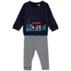 M&S 2pc Xmas Scene Top and Bottom Outfit, 0-3 Years, Navy Mix