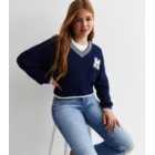 Girls Blue Knit Collegiate V Neck Jumper