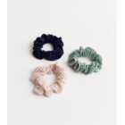 3 Pack Pink Green and Navy Plissé Scrunchies