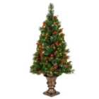 4' Crestwood Spruce Tree 70 Warm White LED Lights In Bronze Pot With Silver Bristle, 8 Cones, 8 Red Berries & Glitter