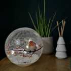 20cm Battery Operated Warm White LED Crackle Effect Ball Christmas Decoration with Robin