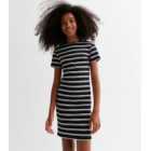 Girls Black Stripe Ribbed Cotton Short Sleeve Mini Dress