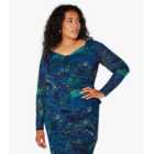 Apricot Curves Blue Marble Print Mesh Long Sleeve Top