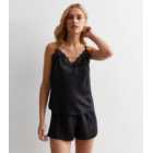 Black Lace Trim Satin Cami Shorts Pyjama Set