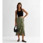 Khaki Linen-Look Ruffle Midaxi Skirt