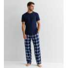 Navy Cotton Jogger Pyjama Set with Check Print