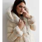 Cameo Rose Off White Faux Fur Trim Belted Puffer Coat