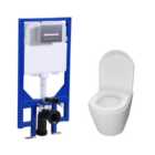 SKY Bathroom Round Rimless Wall Hung Toilet with 1.14M Concealed Cistern Frame Set & Rectangular Sliver Flush Plate