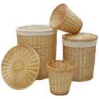 JVL 4 Piece Acacia Honey Round Willow Laundry and Waste Paper Basket Set
