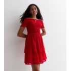 Girls Red Chiffon Shirred Bardot Dress