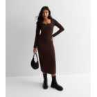 Petite Dark Brown Ribbed Jersey Long Sleeve Midaxi Dress