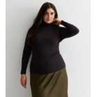 Curves Black Ribbed Roll Neck Top