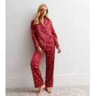 Red Satin Revere Pyjama Set with Star Print