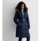 Tall Navy Faux Fur Hooded Belted Puffer Parka Jacket
