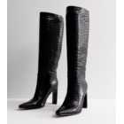 Public Desire Black Faux Croc Block Heel Knee High Boots