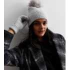 Pale Grey Cable Knit Faux Fur Hat & Glove Set