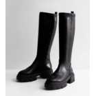 Black Leather-Look Stretch Chunky Block Heel High Leg Boots