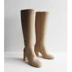 Camel Leather-Look Stretch Block Heel Knee High Boots