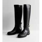 Wide Fit Black Leather-Look Buckle Knee High Boots