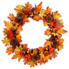 Living and Home Artificial Maple Leaf Wreath with Pumpkins 60cm