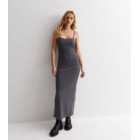 Grey Ribbed Jersey Strappy Split Hem Midi Dress