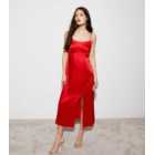 Red Satin Jacquard Split Hem Midaxi Dress