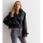 Cameo Rose Black Leather-Look Belted Crop Jacket