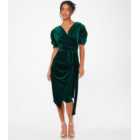 QUIZ Petite Dark Green Velvet Puff Sleeve Wrap Midi Dress
