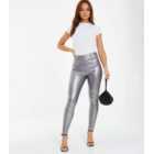 QUIZ Silver Leather-Look Skinny Jeans