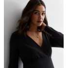 Maternity Black Ribbed Jersey Wrap Front Long Sleeve Top