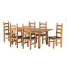 Seconique Corona Extending Dining Set With 6 Chairs - Distressed Waxed Pine/Brown Pu