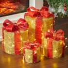 Livingandhome 4 Pcs Gold Glitter LED Lighted Christmas Square Gift Box Present Boxes Xmas Tree Decor with Bow