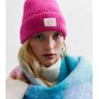 Bright Pink Ribbed Knit Tab Front Beanie