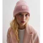 Pink Ribbed Knit Tab Front Beanie